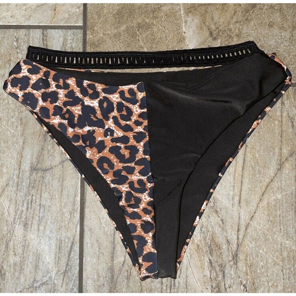 SHEIN Other - Shein Leopard Black Pointelle Trim Cheeky Bikini‎ Swimsuit Bottoms Size Small